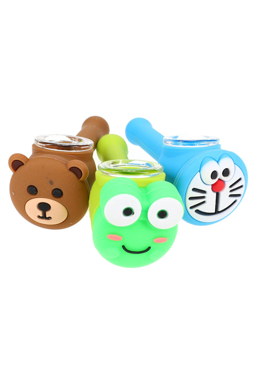 4″ Silicone Character Hand Pipe “Critter Crew” – Glass Screen Bowl – Assorted Colors